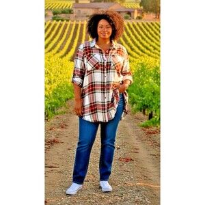 John.Mark womens roll tab plaid pocket oversized shirt 1X western vacation party